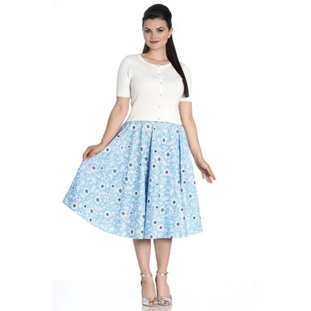 EUC sz 2XL Hell Bunny Daphne Rockabilly Blue Floral A-Line Skirt with Pockets